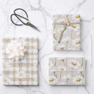 Cremeweiße Karostreifen Daisy Blumen Geburtstag Geschenkpapier Set