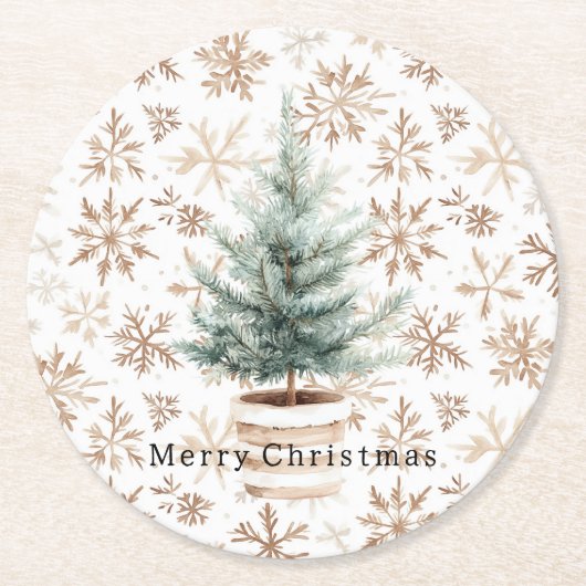 Cremeweiße Schneeflocken-Christbaum Runder Pappuntersetzer (Vorderseite)