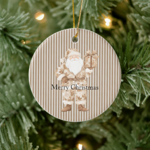 Cremeweiße Streifen Santa Weihnachten Keramik Ornament