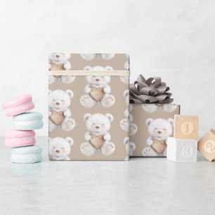 Cremeweiße Teddybären-Herzen-Baby-Party Geschenkpapier