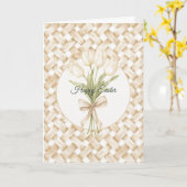 Cremeweißes falsches Korbgeflecht Ostern Karte (Gelbe Blume)