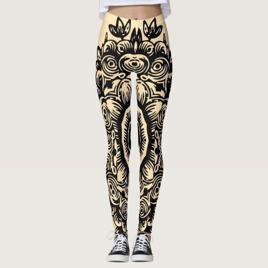 Cremmais mit schwarzem Damaskusmuster, athletisch Leggings (Vorderseite)
