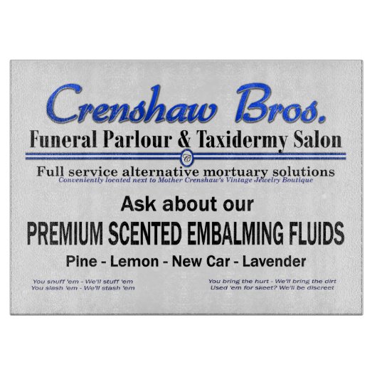 Crenshaw Bros Scented Embalming Fluid Promo Schneidebrett (Vorderseite)