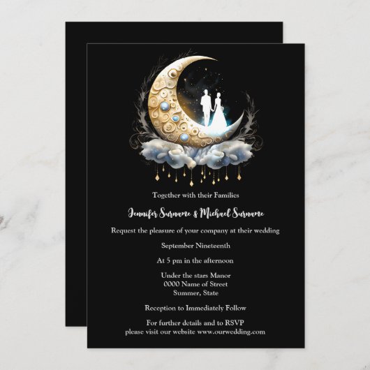 Crescent Himmelblau-schwarz Paarmond Einladung (Vorne/Hinten)