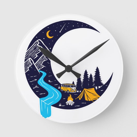 Crescent Moon Adventure Camping Runde Wanduhr (Vorderseite)