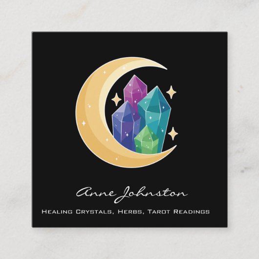 Crescent Moon and Crystals Square Business Card Quadratische Visitenkarte (Vorderseite)