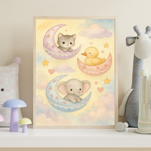 Crescent Moon Baby Animals Baby Girl Kinderzimmer Poster