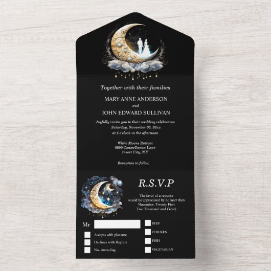 Crescent moon bridal couple silhouette celestial all in one einladung (Innen Boden)