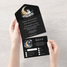 Crescent moon bridal couple silhouette celestial  all in one einladung