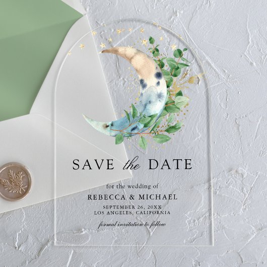 Crescent Moon Eucalyptus Wedding Save the Date Acryleinladungen