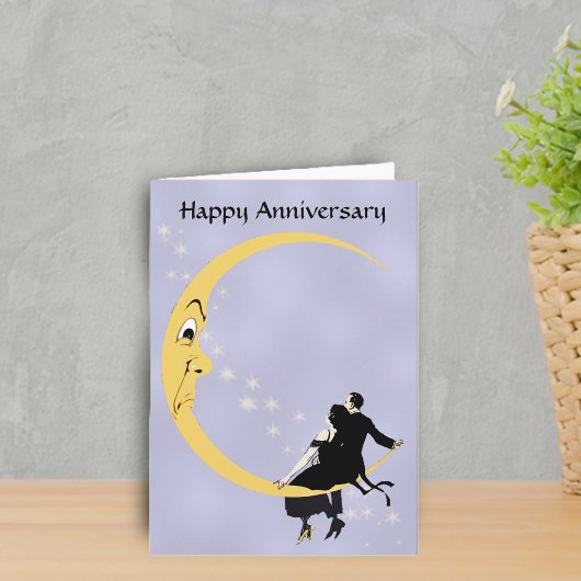 Crescent Moon Face Stars Couple Anniversary Karte
