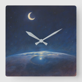 Crescent Moon from Space - Pastel Painting Style Quadratische Wanduhr
