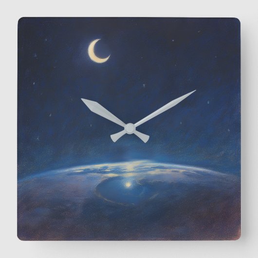 Crescent Moon from Space - Pastel Painting Style Quadratische Wanduhr (Vorderseite)