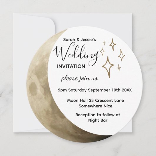 Crescent Moon & Gold Stars Einladung Hochzeit (Vorderseite)