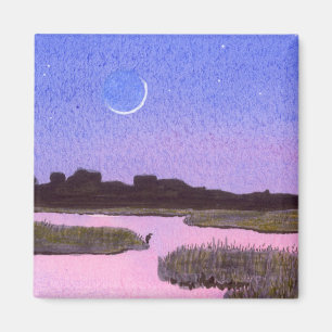 Crescent Moon & Heron Twilight Marsh Magnet