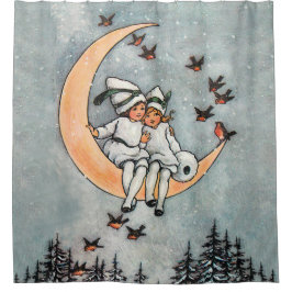 Crescent Moon Kids Snowy Vintage Weihnachten Duschvorhang