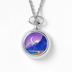 Crescent Moon, Lake and Mountains in Violet & Blue Armbanduhr