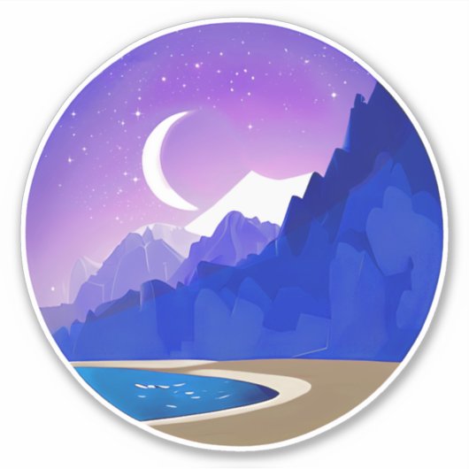 Crescent Moon, Lake and Mountains in Violet & Blue Aufkleber (Vorderseite)