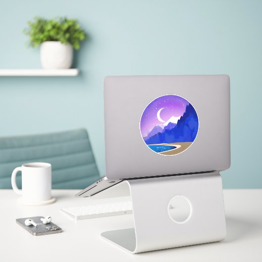 Crescent Moon, Lake and Mountains in Violet & Blue Aufkleber (Laptop auf Schreibtisch)