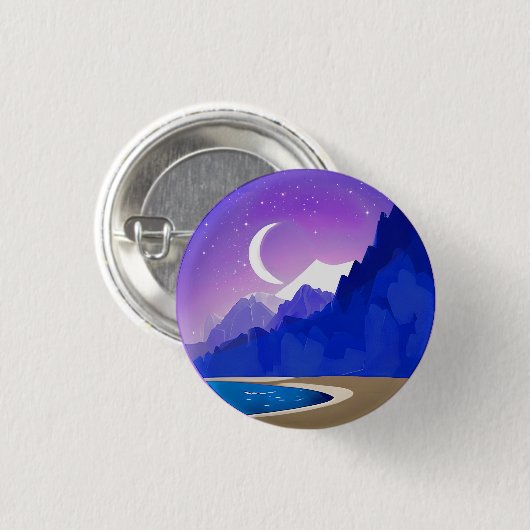 Crescent Moon, Lake and Mountains in Violet & Blue Button (Vorne & Hinten)