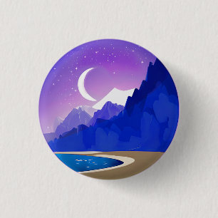 Crescent Moon, Lake and Mountains in Violet & Blue Button