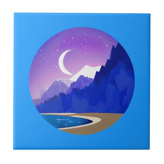 Crescent Moon, Lake and Mountains in Violet & Blue Fliese (Vorderseite)