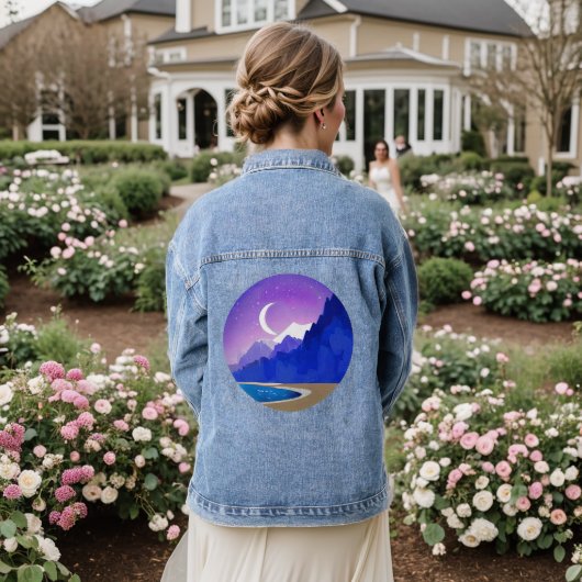 Crescent Moon, Lake and Mountains in Violet & Blue Jeansjacke (Hochzeit Rückseite)