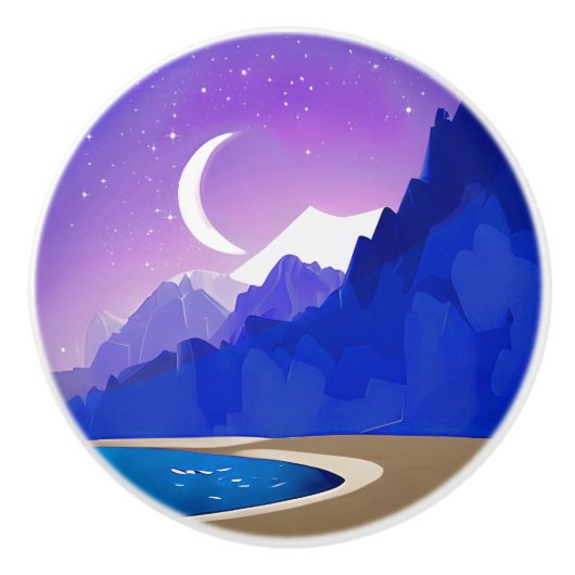 Crescent Moon, Lake and Mountains in Violet & Blue Keramikknauf (Vorderseite)