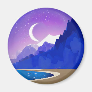 Crescent Moon, Lake and Mountains in Violet & Blue Magnet