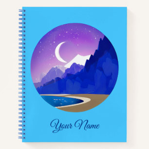 Crescent Moon, Lake and Mountains in Violet & Blue Notizblock