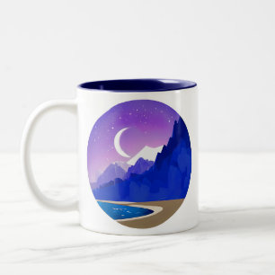 Crescent Moon, Lake and Mountains in Violet & Blue Zweifarbige Tasse