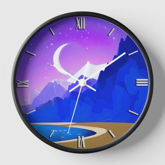 Crescent Moon, Lake & Mountains in Violet & Blue Uhr (Vorderseite)
