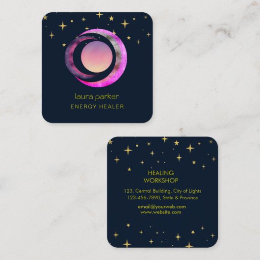 Crescent Moon Lila Mystic Boho Cosmic Sky Quadratische Visitenkarte (Vorne/Hinten)