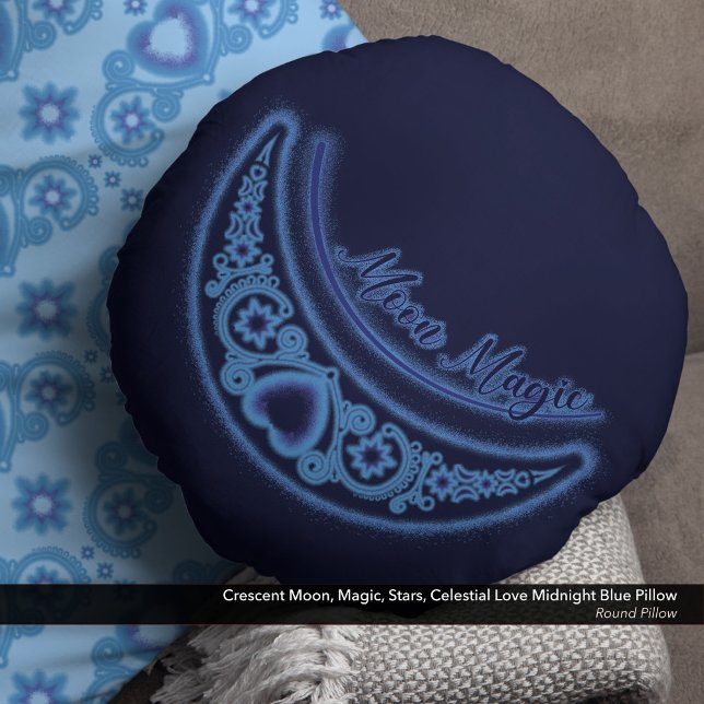 Crescent Moon Magic Stars Celestial Midnight Blue Rundes Kissen (Crescent Moon Magic Stars Celestial Love Midnight Blue Round Pillow)