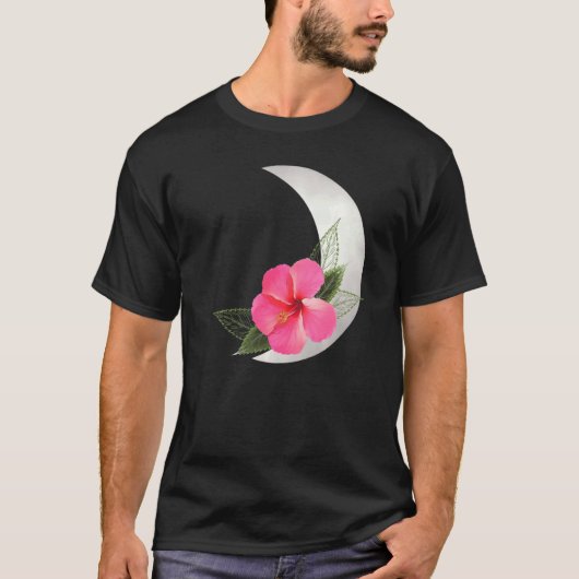 Crescent Moon mit Hibus Blume Tropische Blume T-Shirt (Vorderseite)