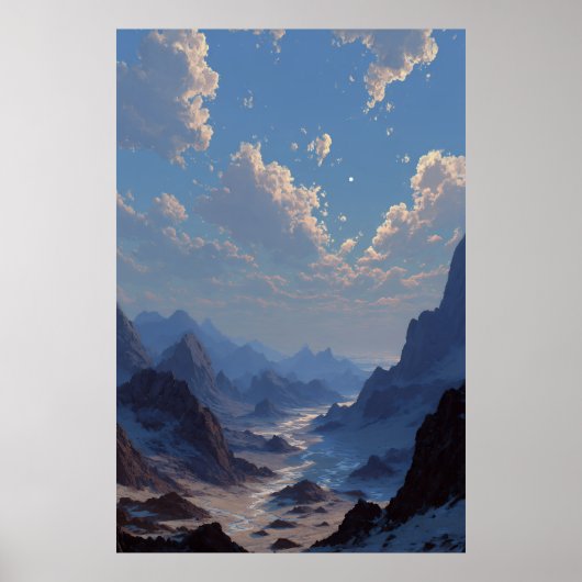 Crescent Moon Over Misty Mountain Valley Poster (Vorne)
