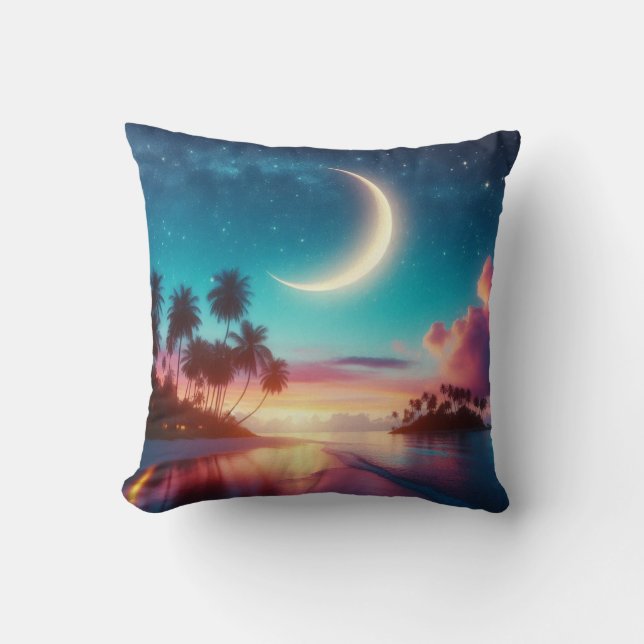Crescent Moon Over Tropical Beach Night Sky Kissen (Vorderseite)