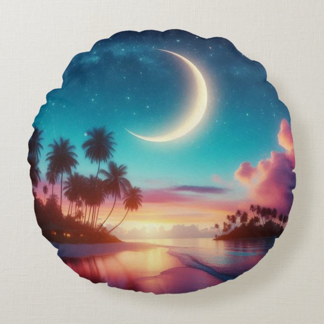 Crescent Moon Over Tropical Beach Night Sky Rundes Kissen (Vorderseite)