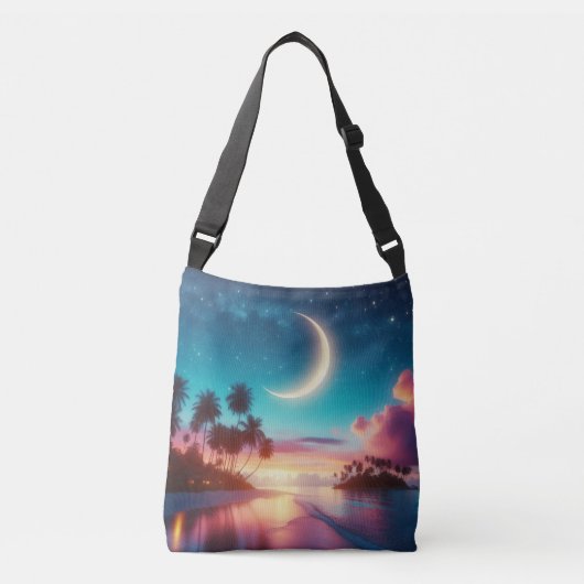 Crescent Moon Over Tropical Beach Night Sky Tragetaschen Mit Langen Trägern (Vorderseite)