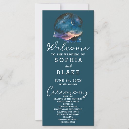 Crescent Moon Starlit Sky Blue Wedding Program (Vorderseite)