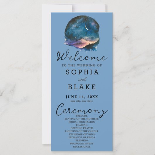 Crescent Moon Starlit Sky Blue Wedding Program (Vorderseite)