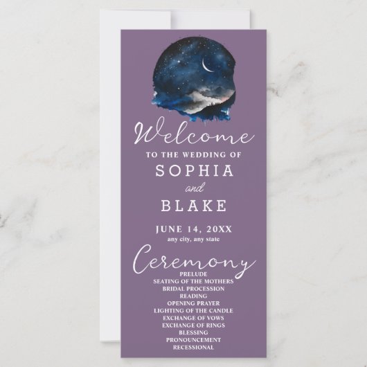 Crescent Moon Starlit Sky Lila Wedding Program (Vorderseite)