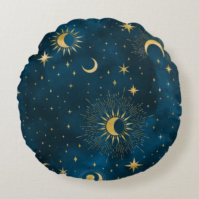 Crescent Moon Starry Night Celestial Rundes Kissen (Vorderseite)