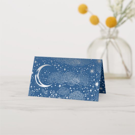 Crescent Moon Starry Night Celestial Wedding Platzkarte (Rückseite)