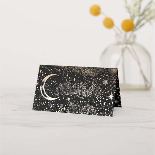 Crescent Moon Starry Night Celestial Wedding Platzkarte (Rückseite)