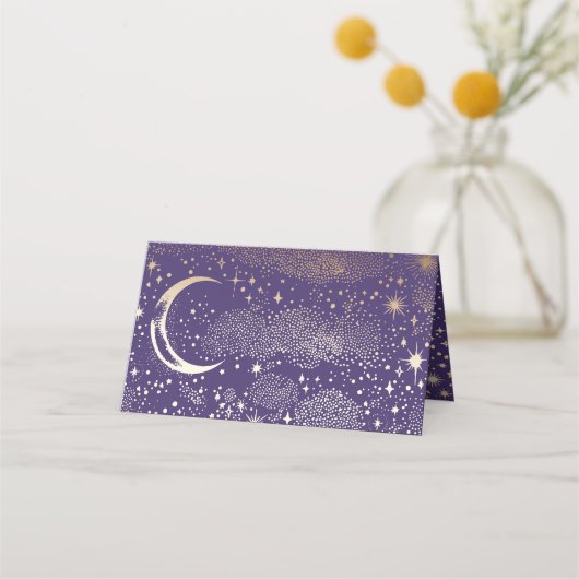 Crescent Moon Starry Night Celestial Wedding Platzkarte (Rückseite)