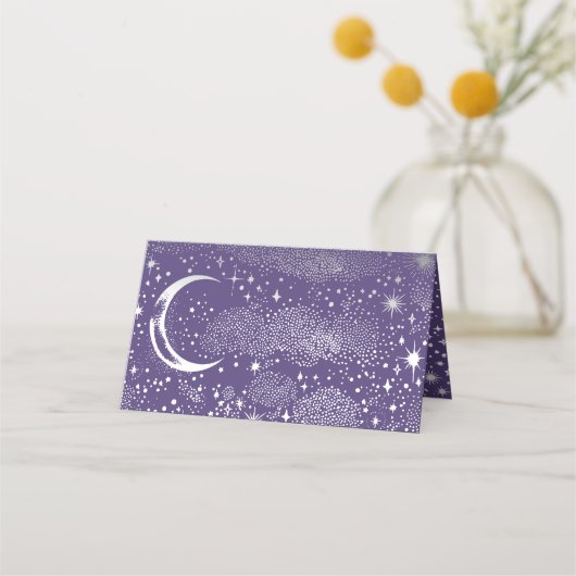 Crescent Moon Starry Night Celestial Wedding Platzkarte (Rückseite)