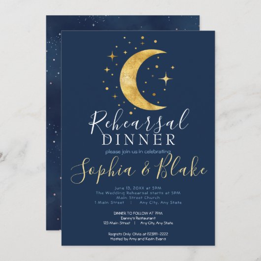 Crescent Moon Starry Night Navy Probe Dinner Einladung (Vorne/Hinten)