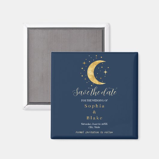 Crescent Moon Starry Night Navy Save the Date Magnet (Vorderseite/Rückseite)