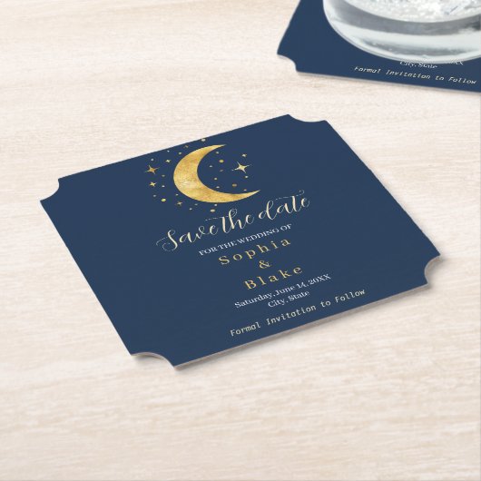Crescent Moon Starry Night Navy Save the Date Untersetzer (angewinkelt)